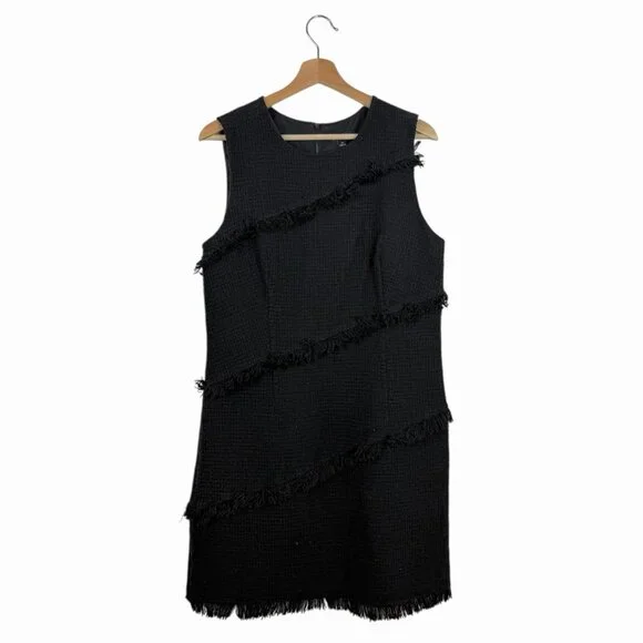 Ann Taylor Sheath Dress Size 12 Black Boucle Yarn Fringe Textured Tweed Black - Picture 2 of 8